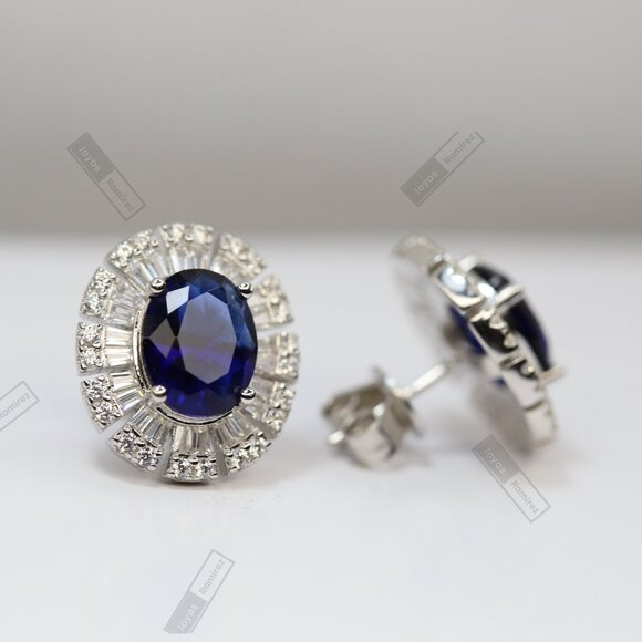 .925 Sterling Silver Oval Earrings with Sapphire-Tone CZ. - Picture 4 of 8